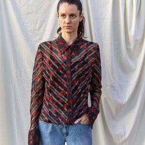 Chic Y2K Sheer Black and Red Button-Up Blouse
